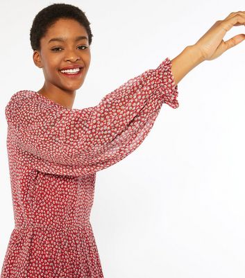 Red Ditsy Floral Long Sleeve Midi Dress 