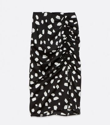 Image of Black Satin Abstract Spot Ruched Midi Skirt New Look