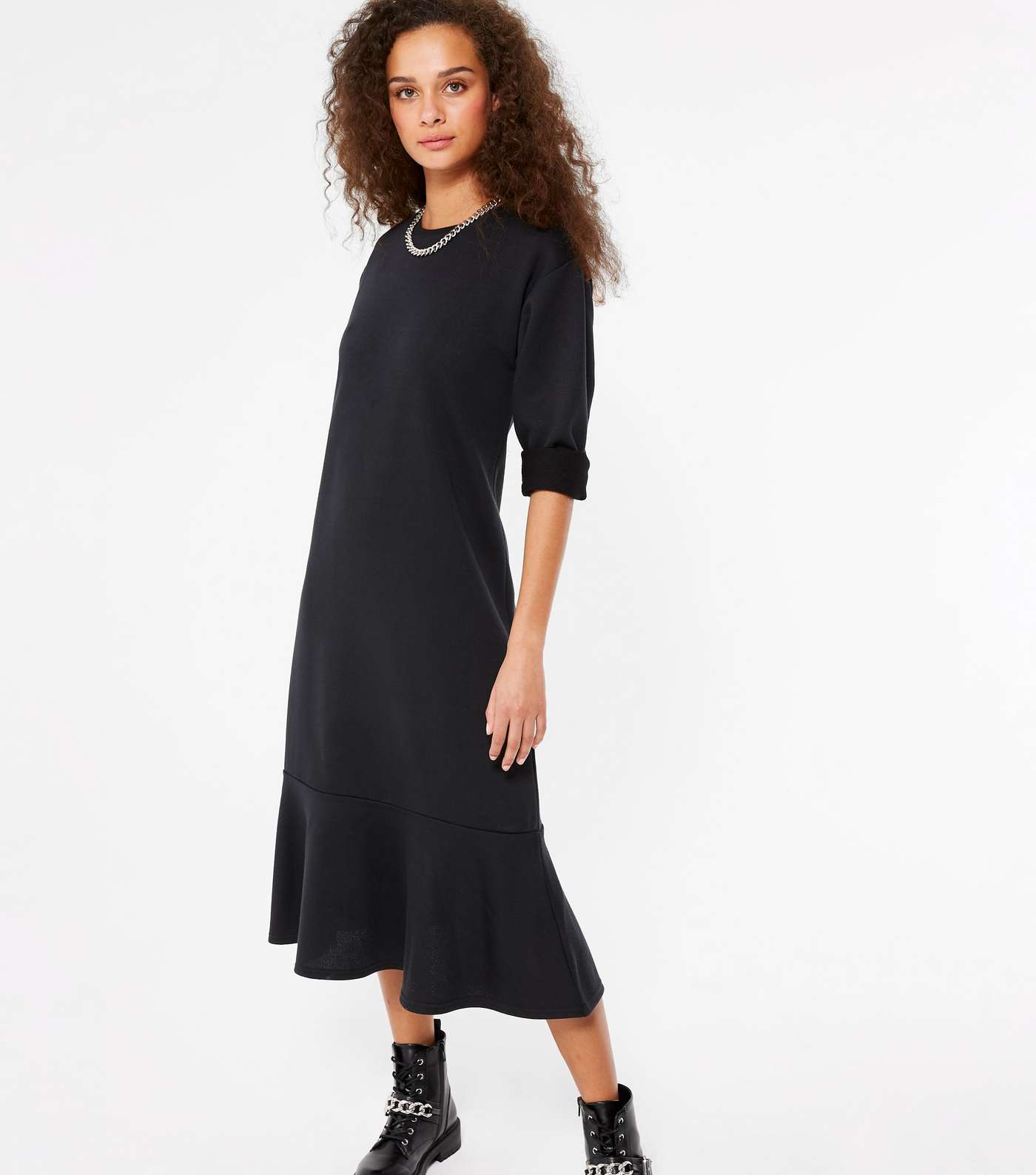 Black Ruffle Midi Sweatshirt Dress  Image 2