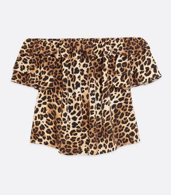 Image of Curves Brown Leopard Print Ruffle Bardot Top New Look