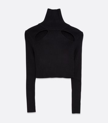 Image of Pink Vanilla Black Ribbed Cut Out High Neck Jumper New Look