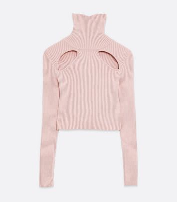Image of Pink Vanilla Mid Pink Ribbed Cut Out High Neck Jumper New Look