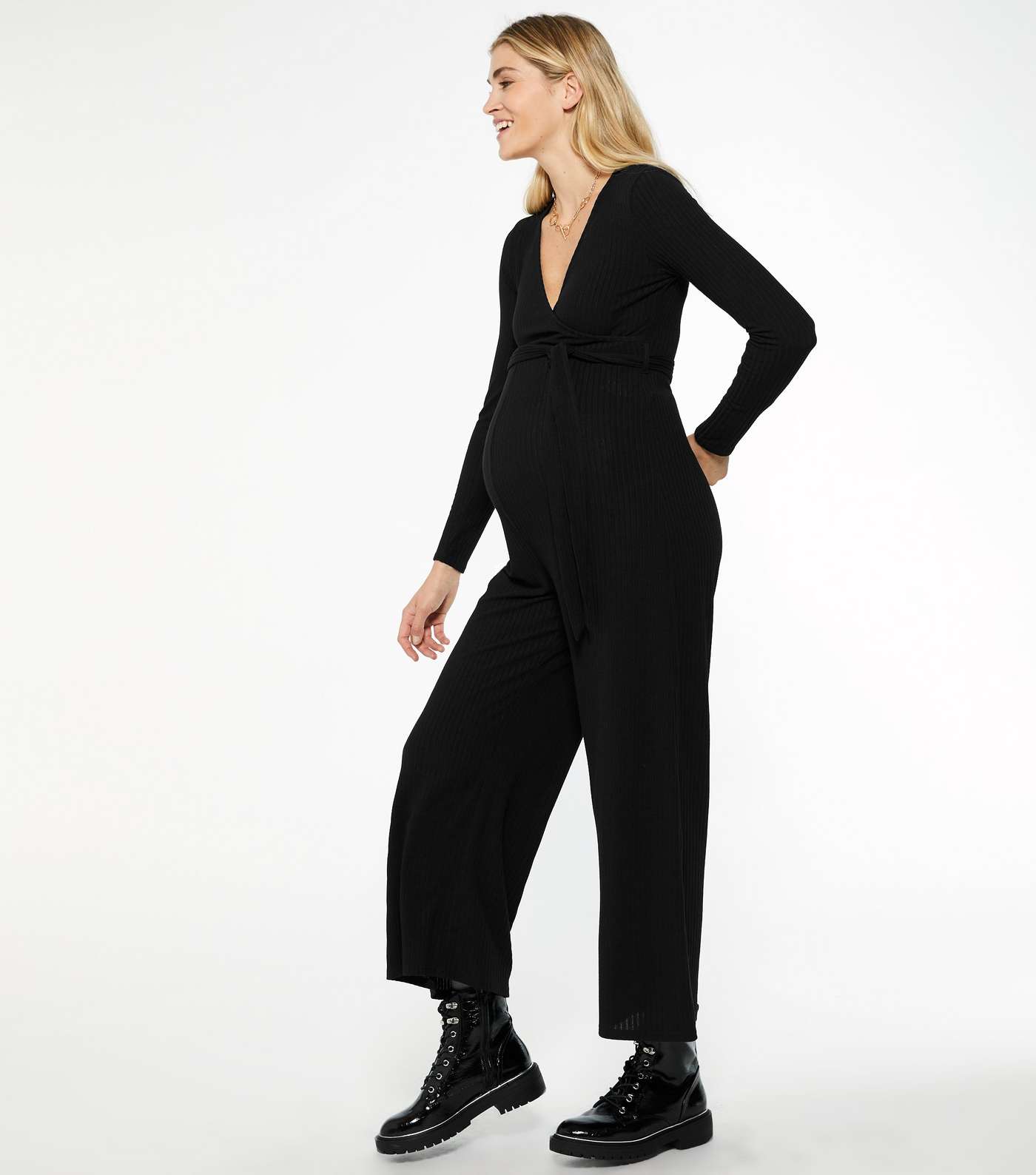 Maternity Black Ribbed Wrap Belted Jumpsuit