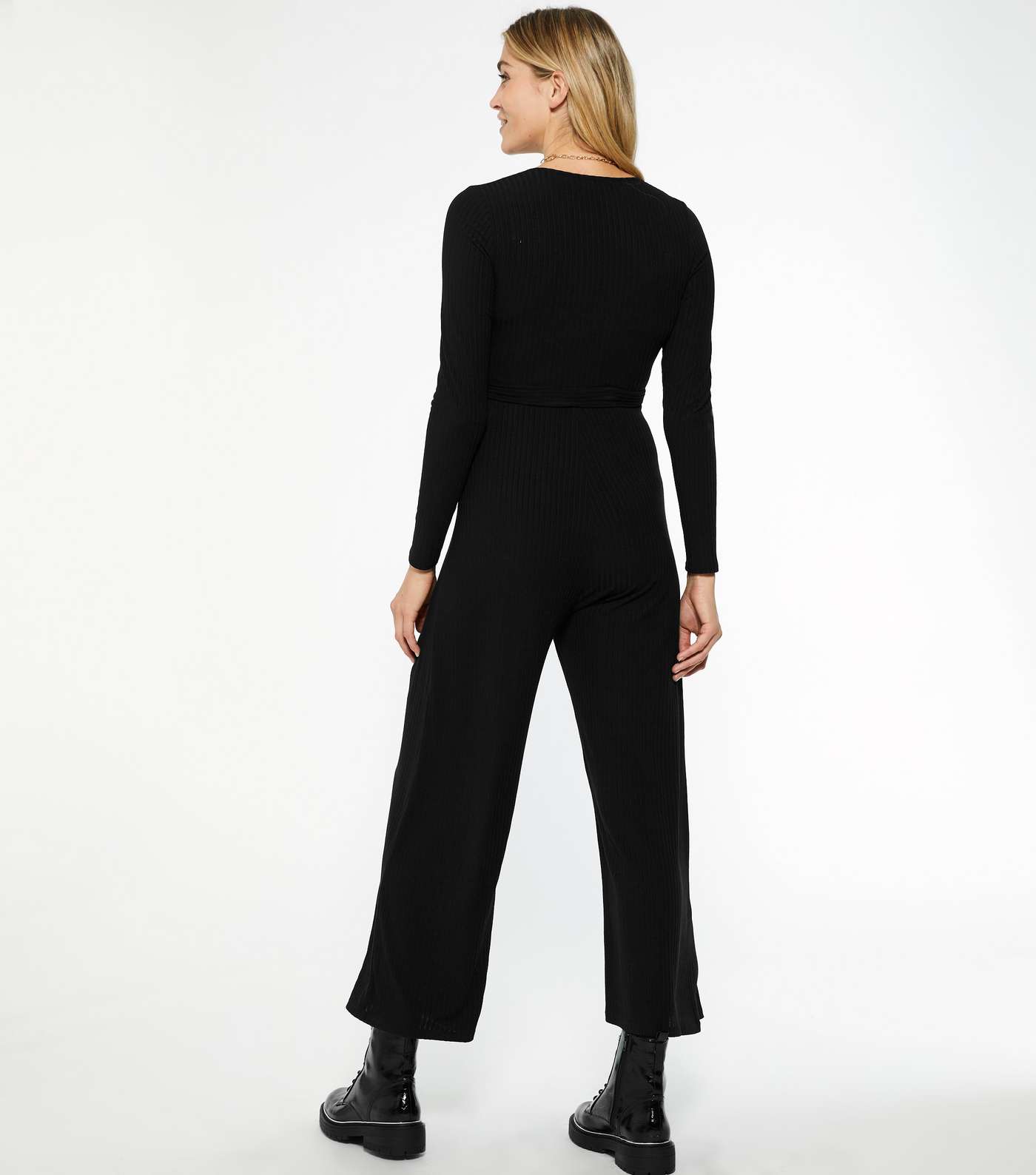 Maternity Black Ribbed Wrap Belted Jumpsuit Image 3