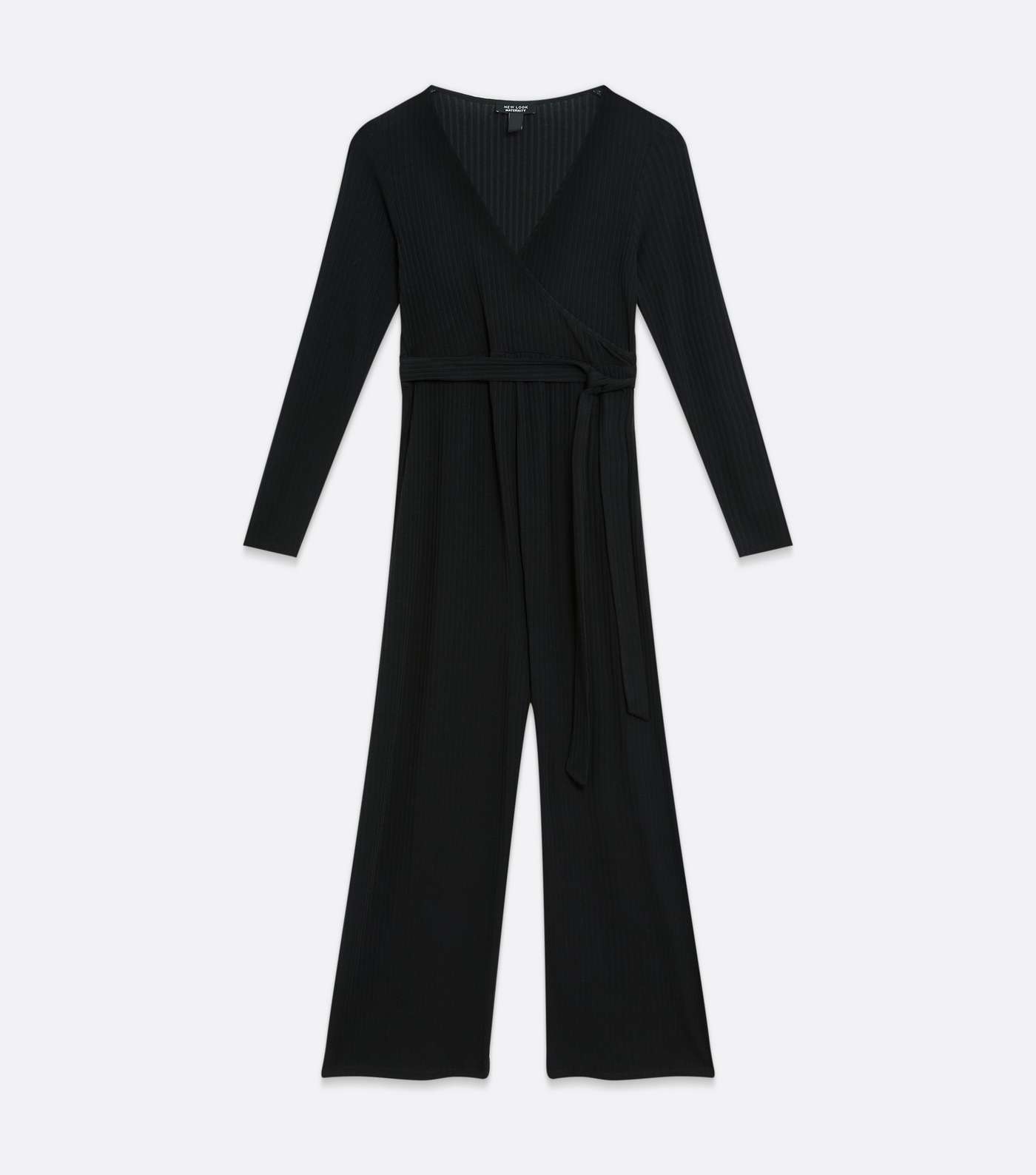 Maternity Black Ribbed Wrap Belted Jumpsuit Image 5