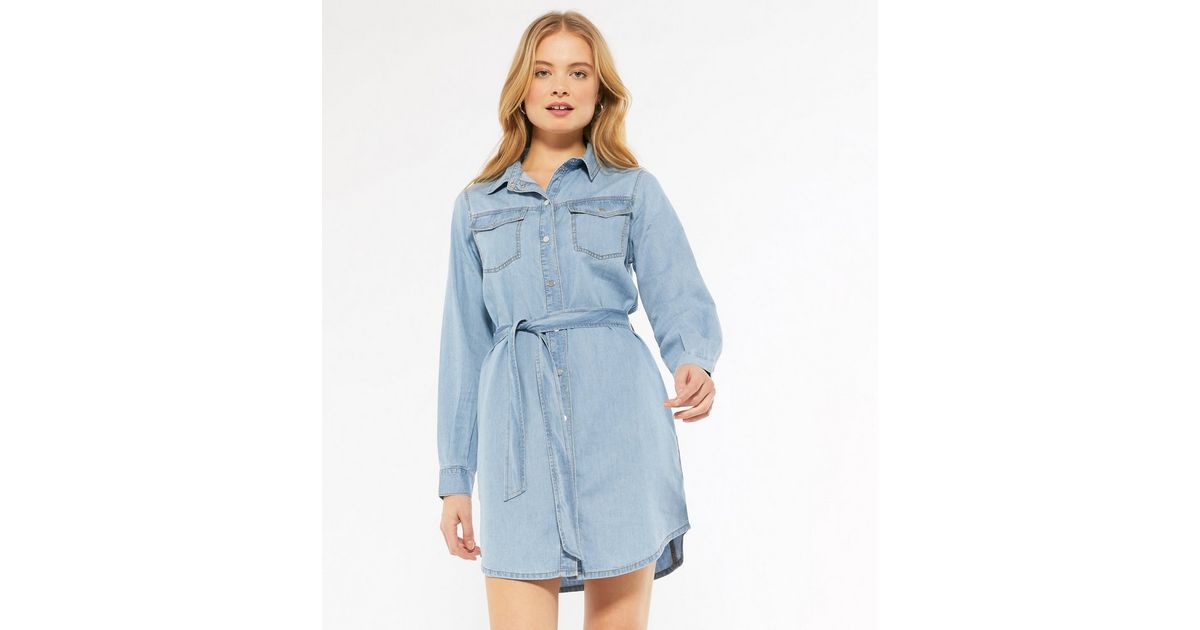 LUXUR Women Jean Dresses Lapel Denim Shirt Dress Long Sleeve Loose Button  Down Light Blue M