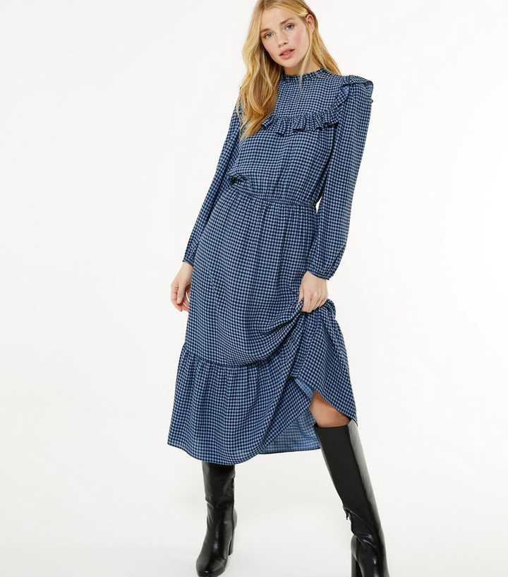 Petite Blue Gingham Frill Yoke Midi Dress