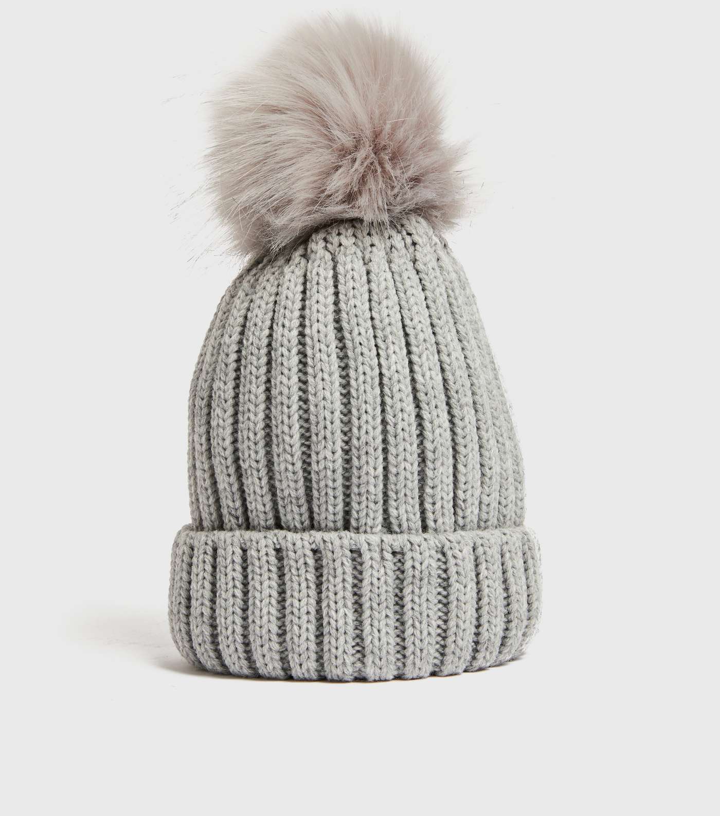Girls Grey Knit Faux Fur Bobble Hat