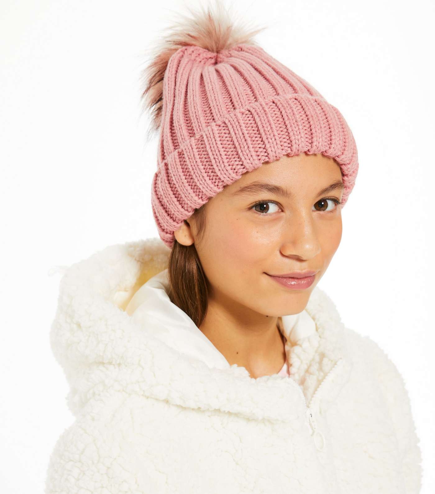 Girls Pink Knit Faux Fur Bobble Hat Image 2