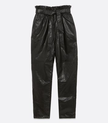 Image of Urban Bliss Black Leather-Look Tie Waist Trousers New Look