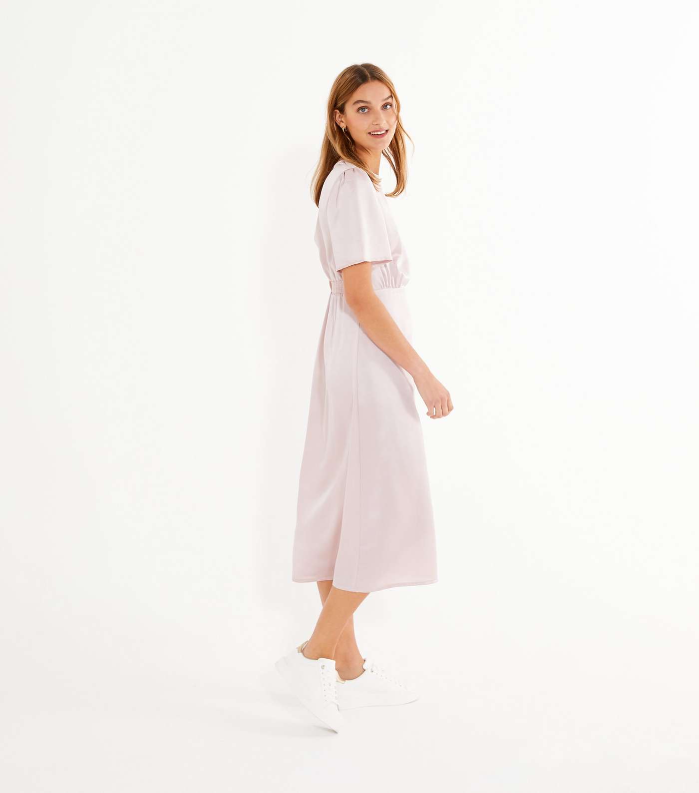 Pale Pink Satin Short Sleeve Midi Dress Image 2
