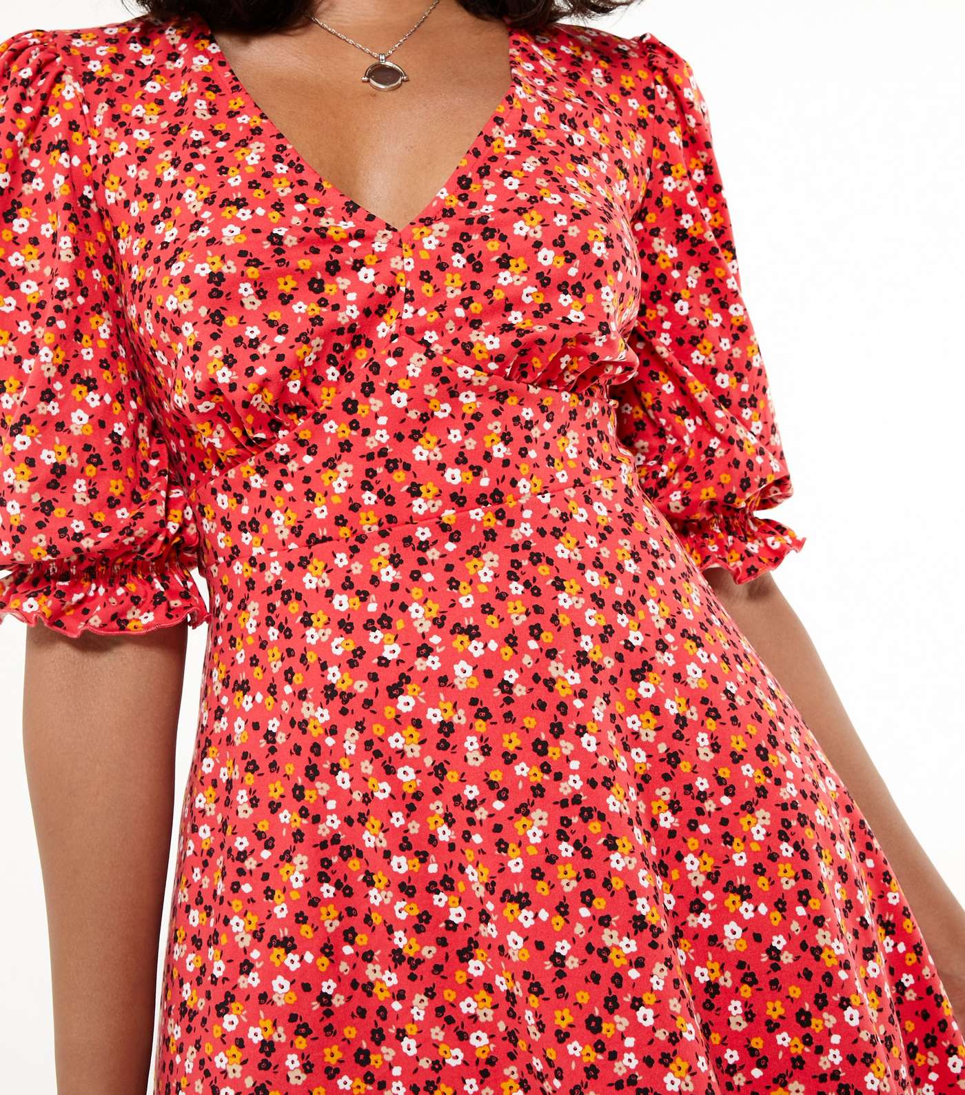 Red Ditsy Floral Puff Sleeve Mini Dress Image 4