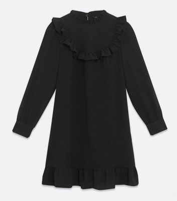 Image of Black High Neck Frill Smock Dress New Look