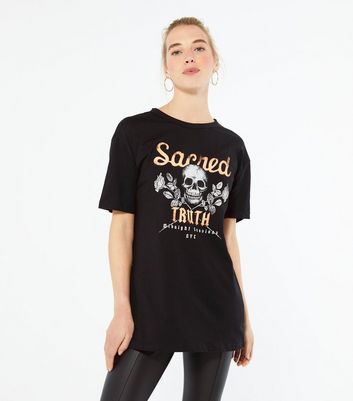 Black Floral Skull Slogan T Shirt New Look