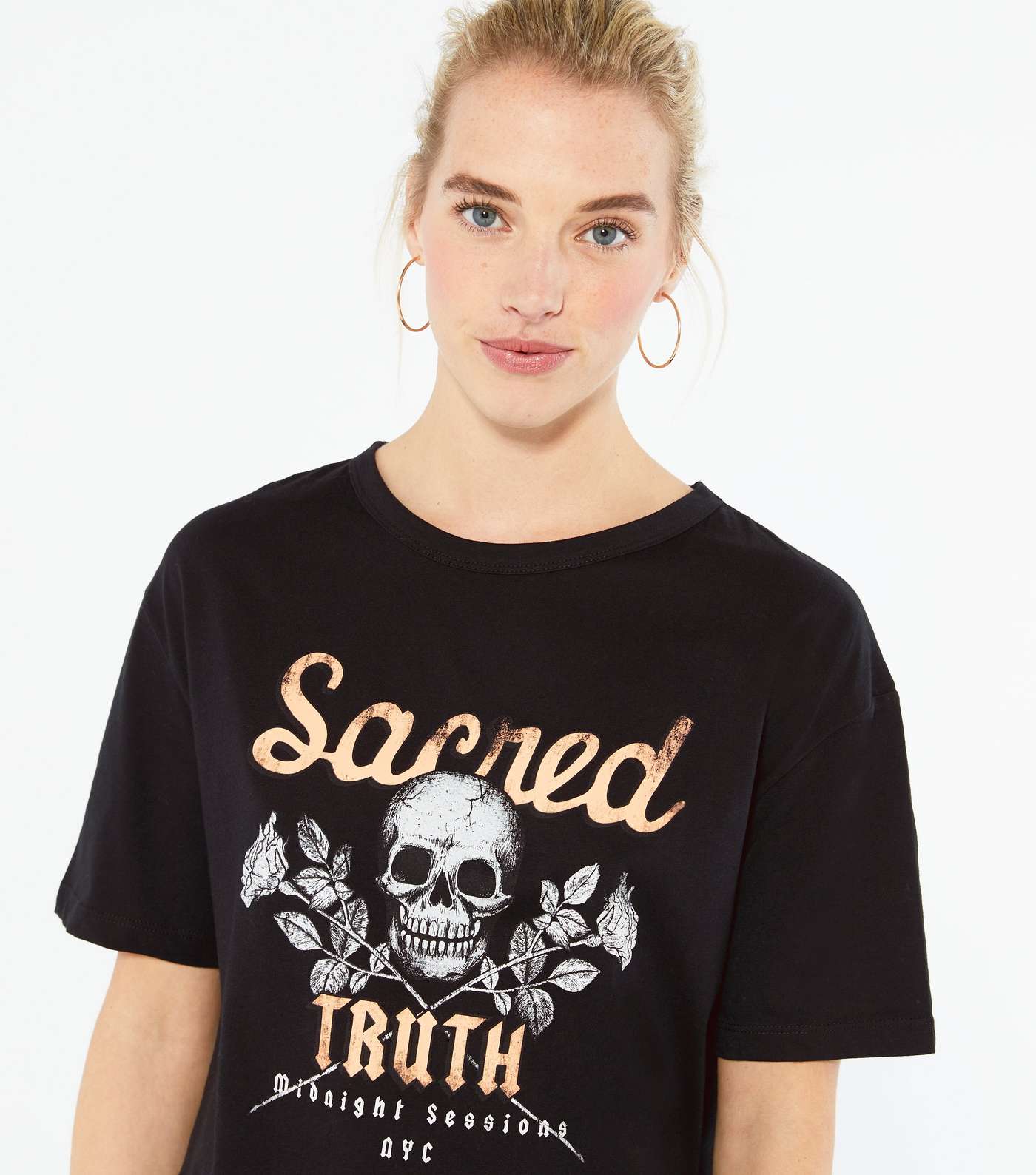 Black Floral Skull Slogan T-Shirt  Image 4