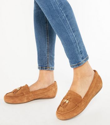 Wide Fit Tan Suede Tassel Trim Loafers 