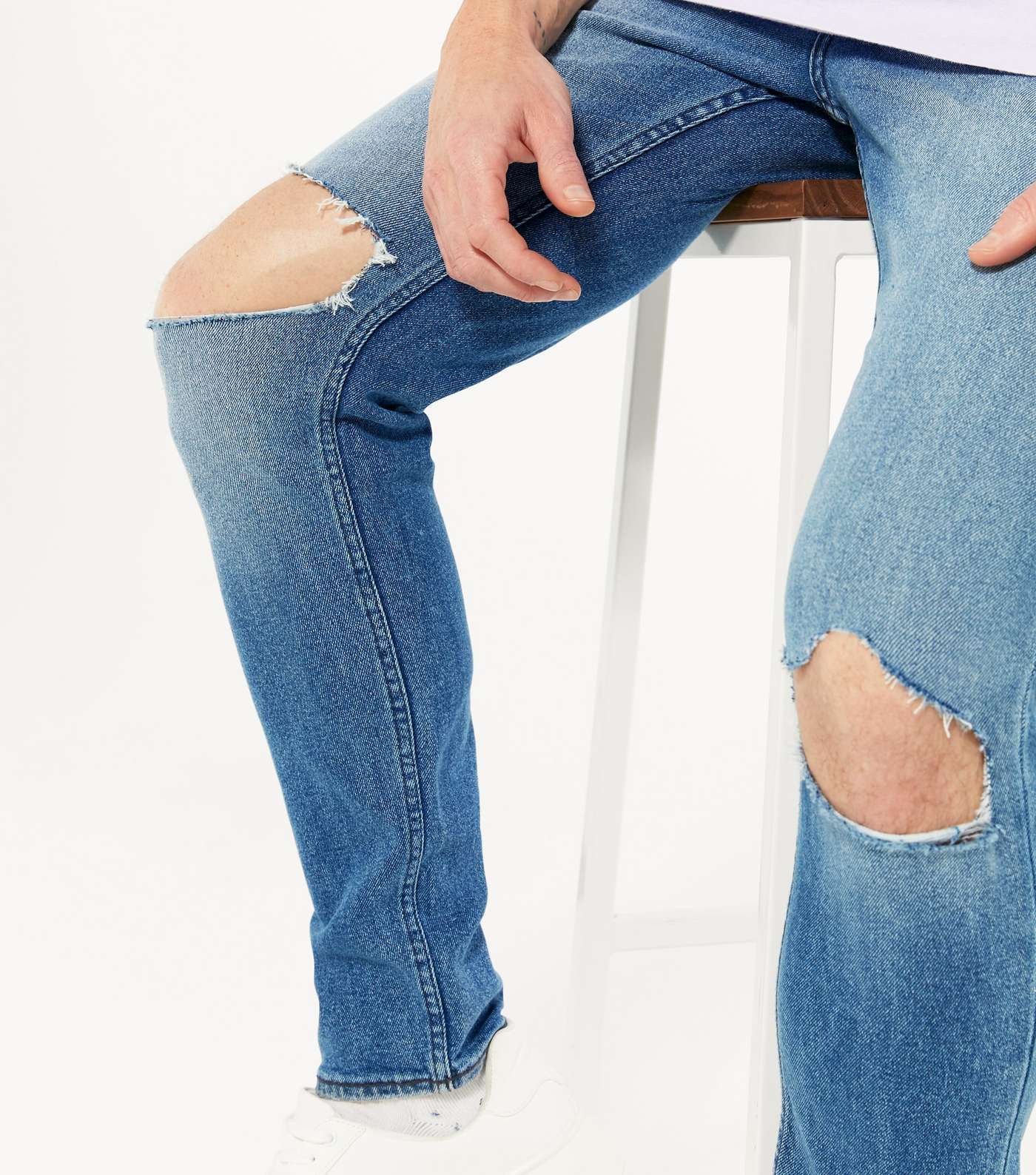Blue Mid Wash Ripped Knee Skinny Stretch Jeans Image 3