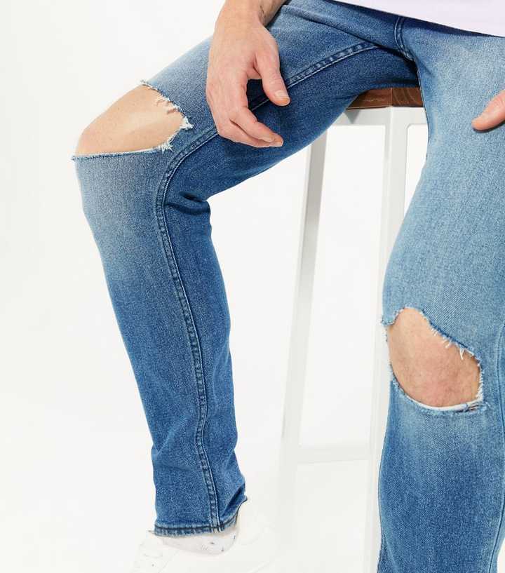 Blue Mid Wash Ripped Knee Skinny Stretch Jeans