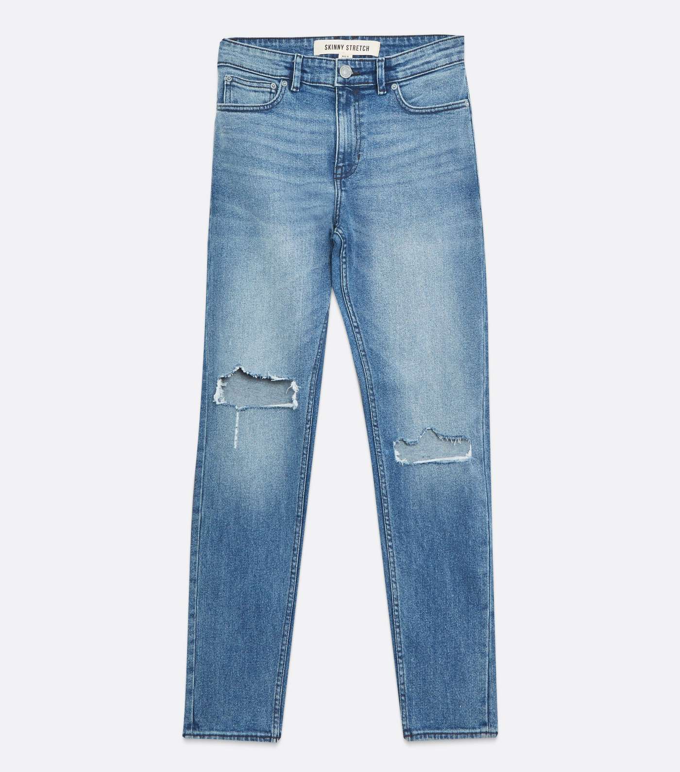 Blue Mid Wash Ripped Knee Skinny Stretch Jeans Image 5