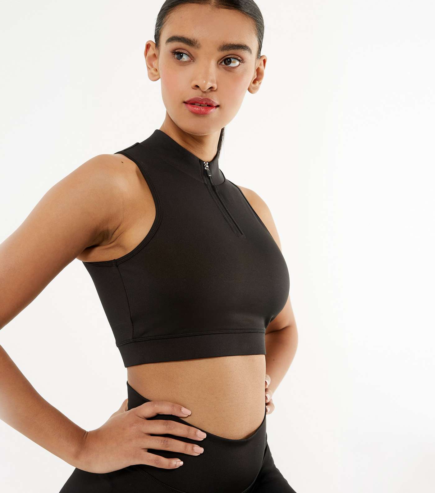 Black Ribbed High Neck Sports Crop Top