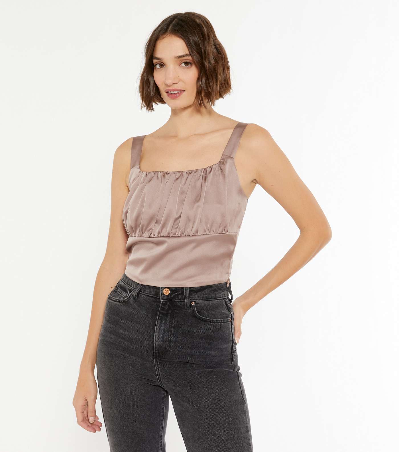 Camel Satin Ruched Crop Top 