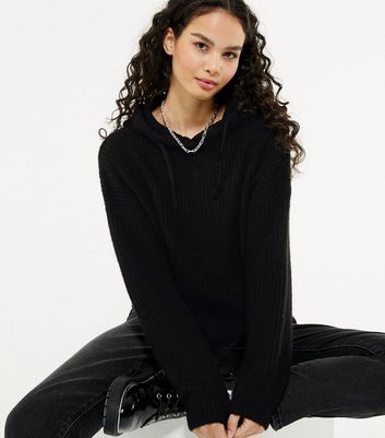 Black Ribbed Knit Hoodie | New Look