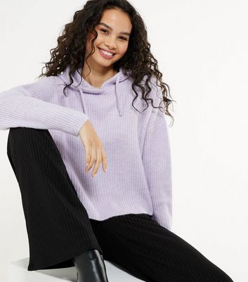 Lilac Ribbed Knit Hoodie New Look