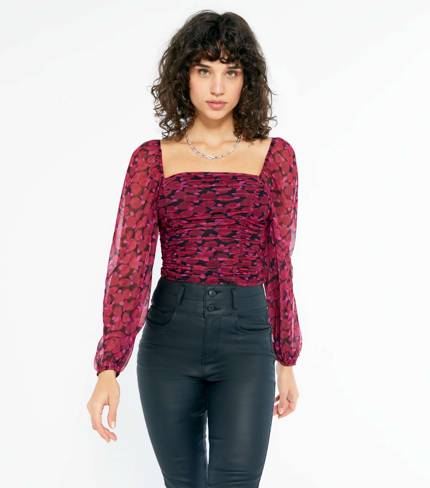 Pink Floral Chiffon Ruched Square Neck Top 