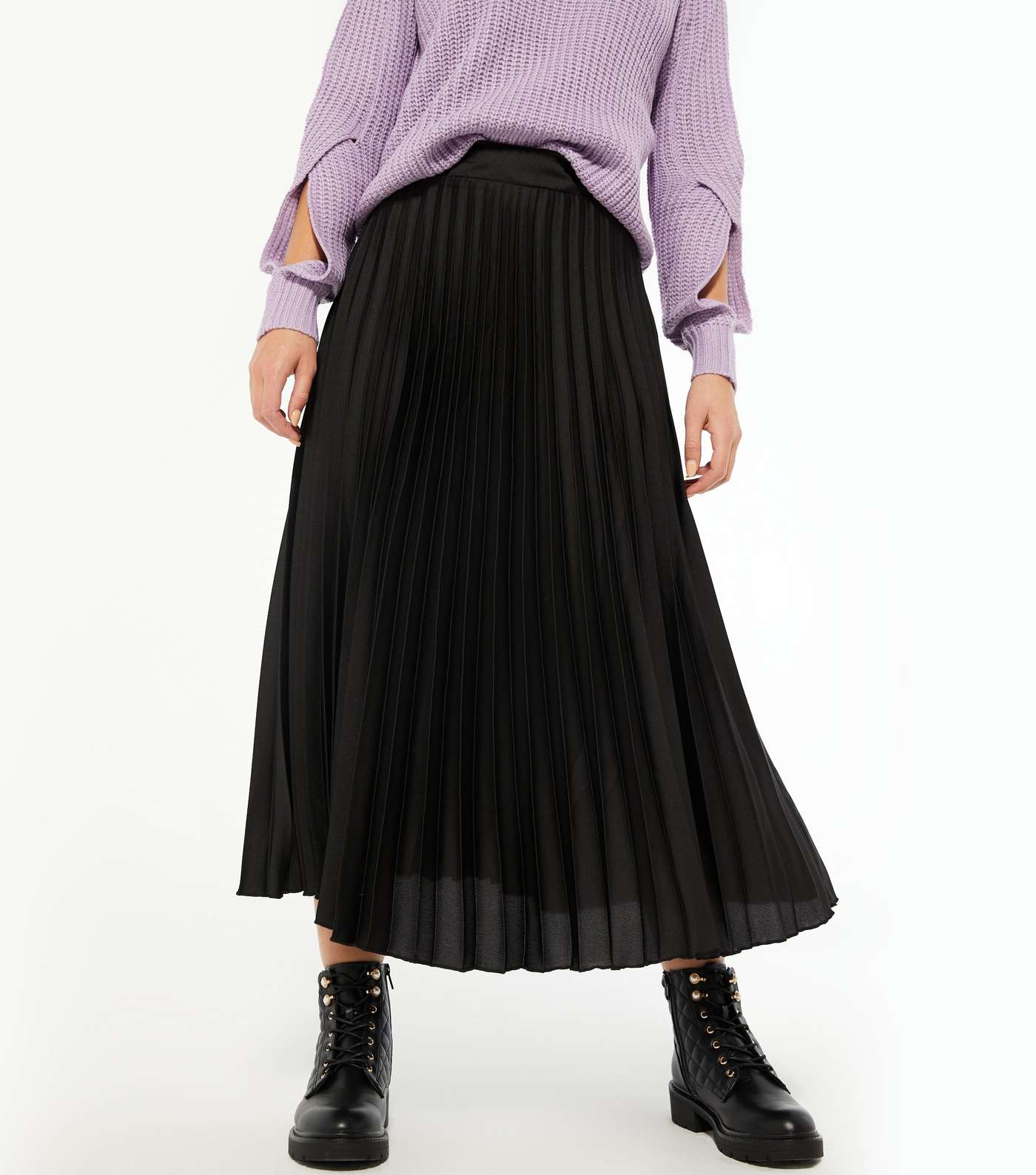 Black Pleated Satin Midi Skirt  Image 2