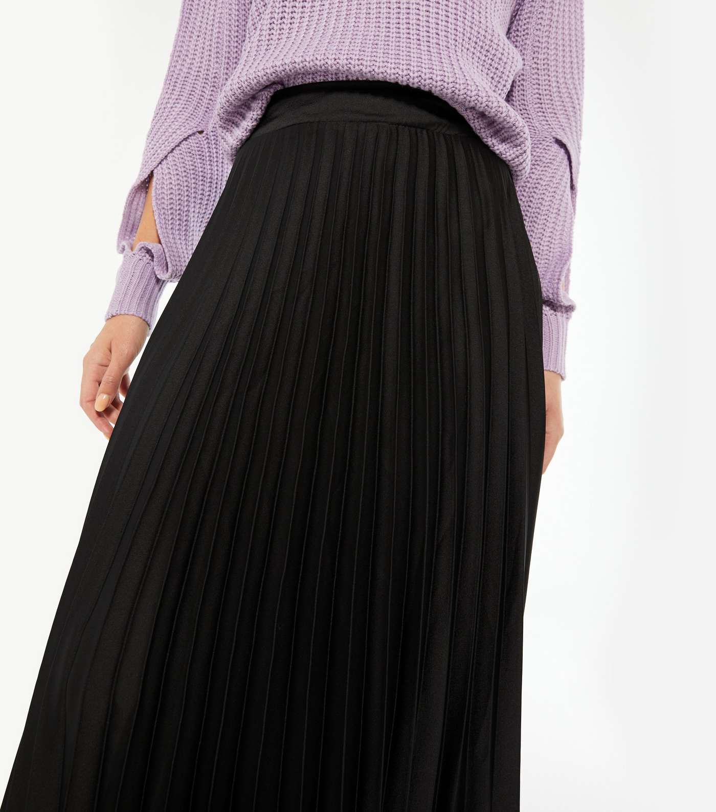 Black Pleated Satin Midi Skirt  Image 4