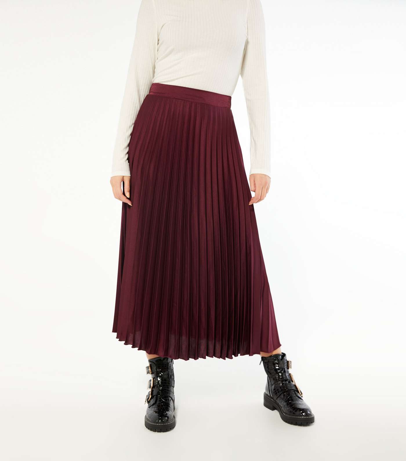 Burgundy Pleated Satin Midi Skirt  Image 2