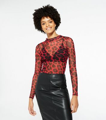 Red Leopard Print Mesh High Neck Top 