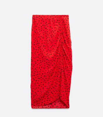 Image of Red Spot Ruched Midi Skirt New Look