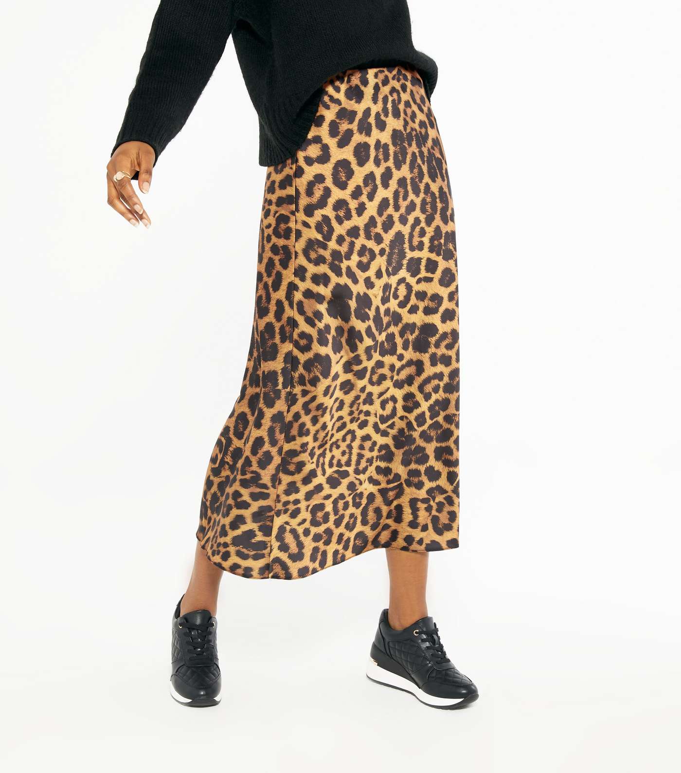 Brown Leopard Print Bias Cut Satin Midi Skirt  Image 2