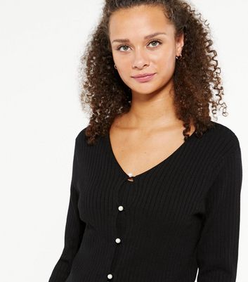 Black Ribbed Knit Faux Pearl Cardigan New Look