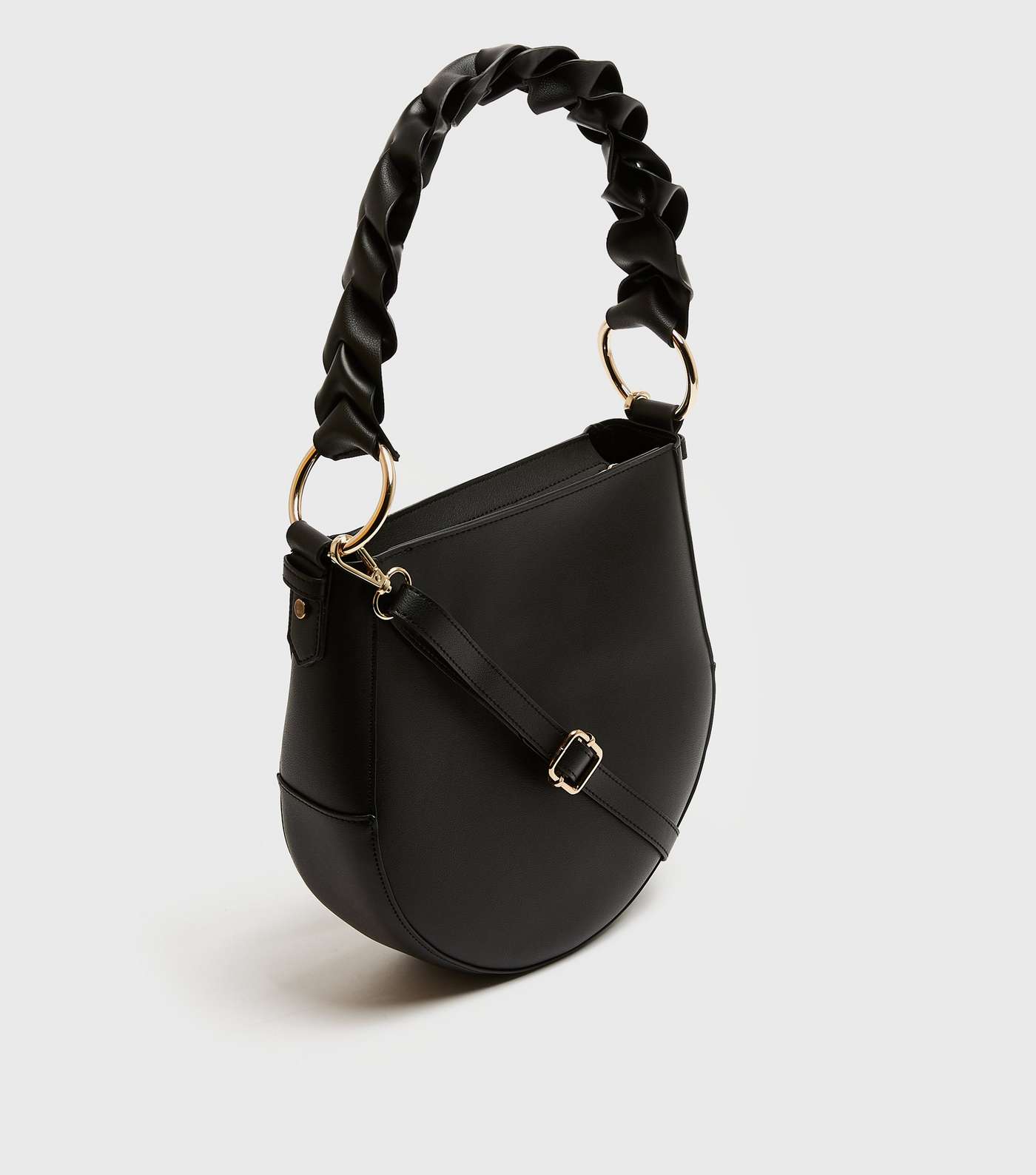 Black Leather-Look Ruched Strap Saddle Bag Image 4
