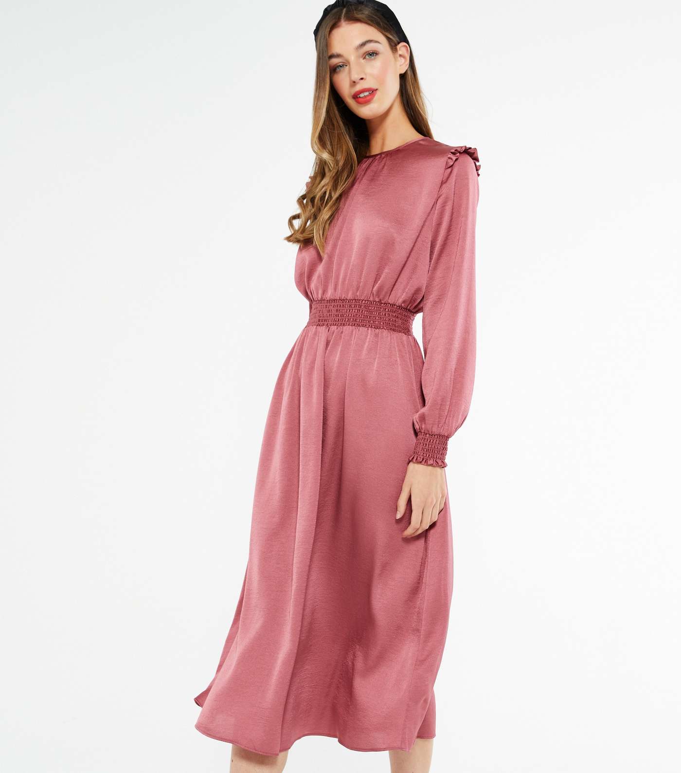 Mid Pink Satin Frill Midi Dress 