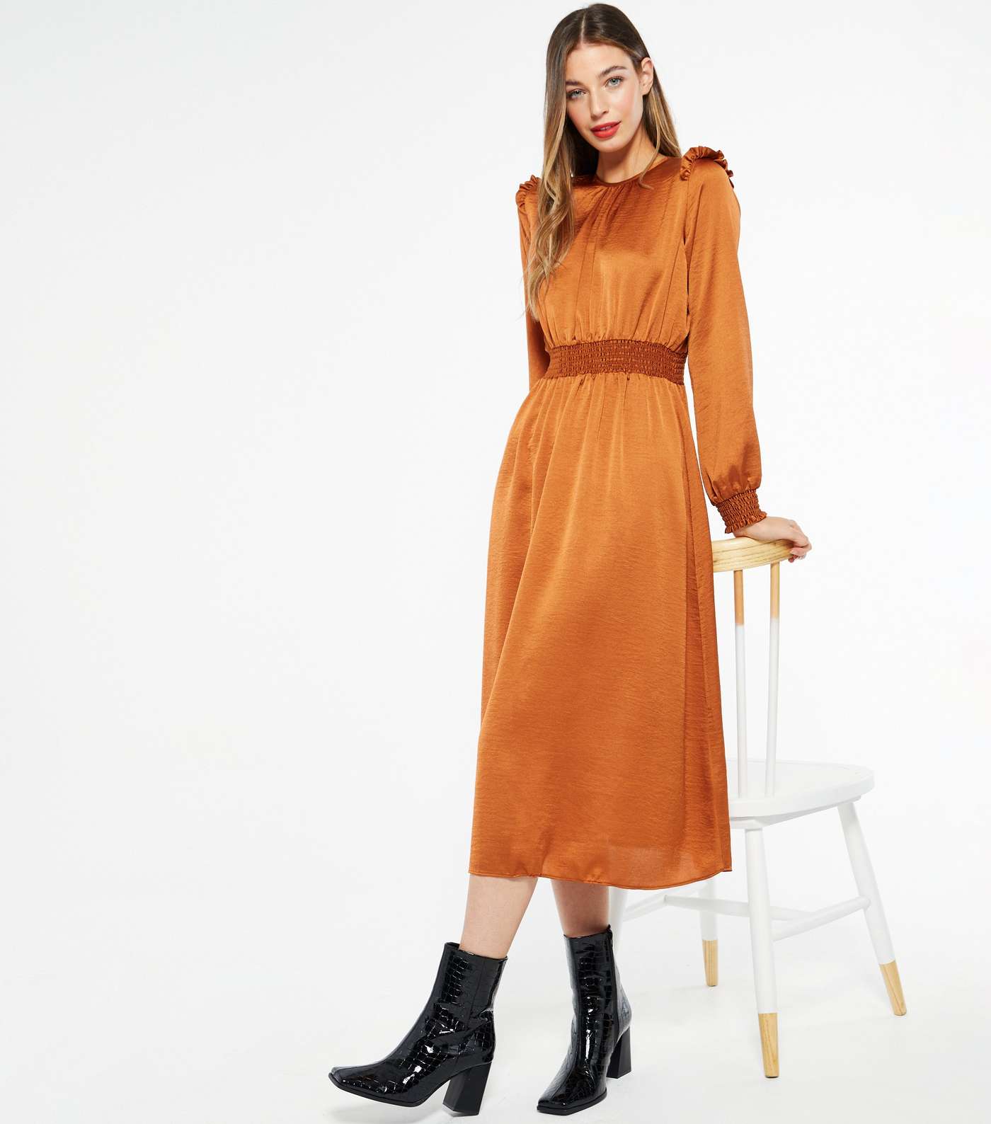 Orange Satin Frill Midi Dress  Image 2