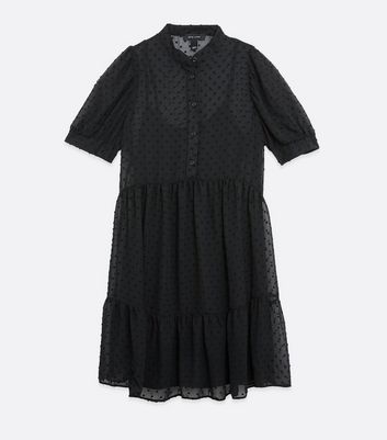 Image of Black Chiffon Spot Shirt Smock Dress New Look