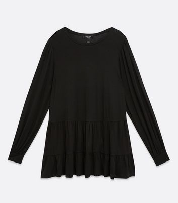 Image of Curves Black Long Sleeve Tiered Peplum Top New Look