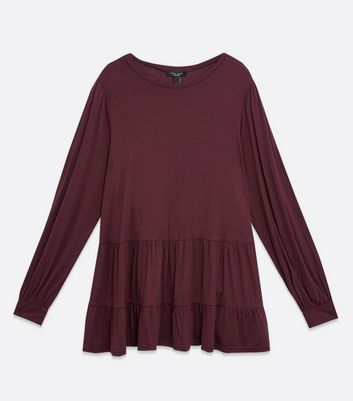 Image of Curves Burgundy Long Sleeve Tiered Peplum Top New Look