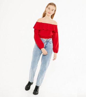 Girls Red Long Sleeve Ruffle Bardot Top 