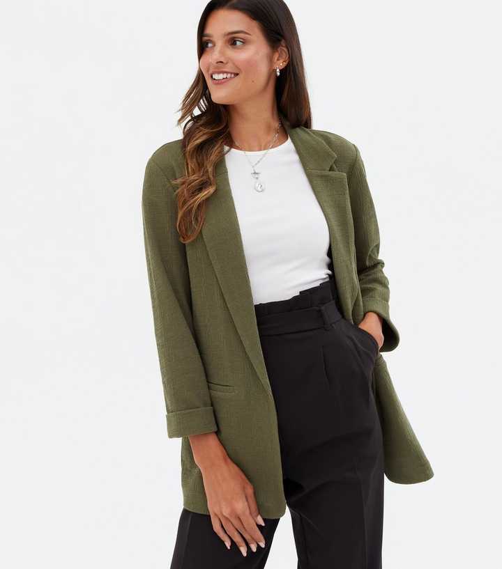 Khaki Crosshatch Long Blazer | New Look