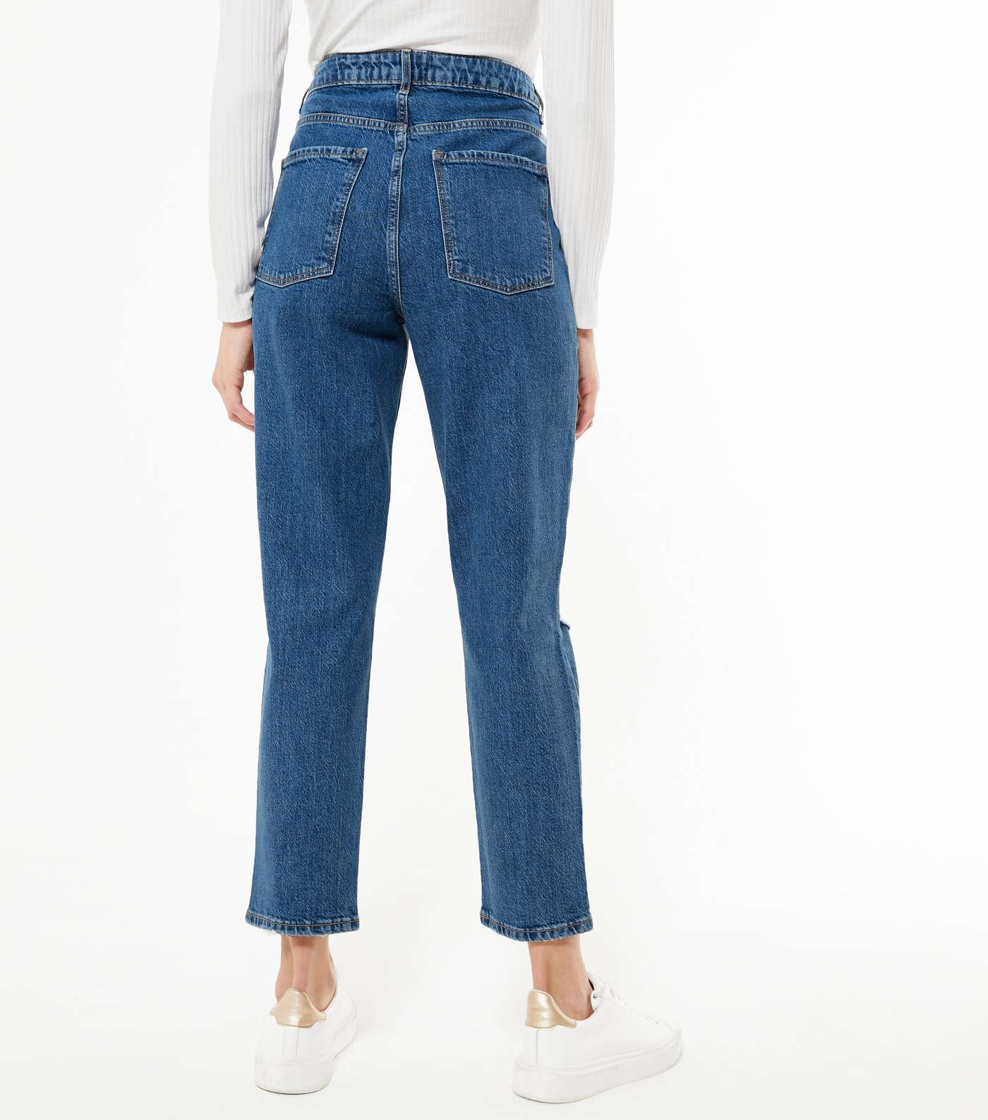 Blue Mid Wash Ripped High Waist Tori Mom Jeans Image 3