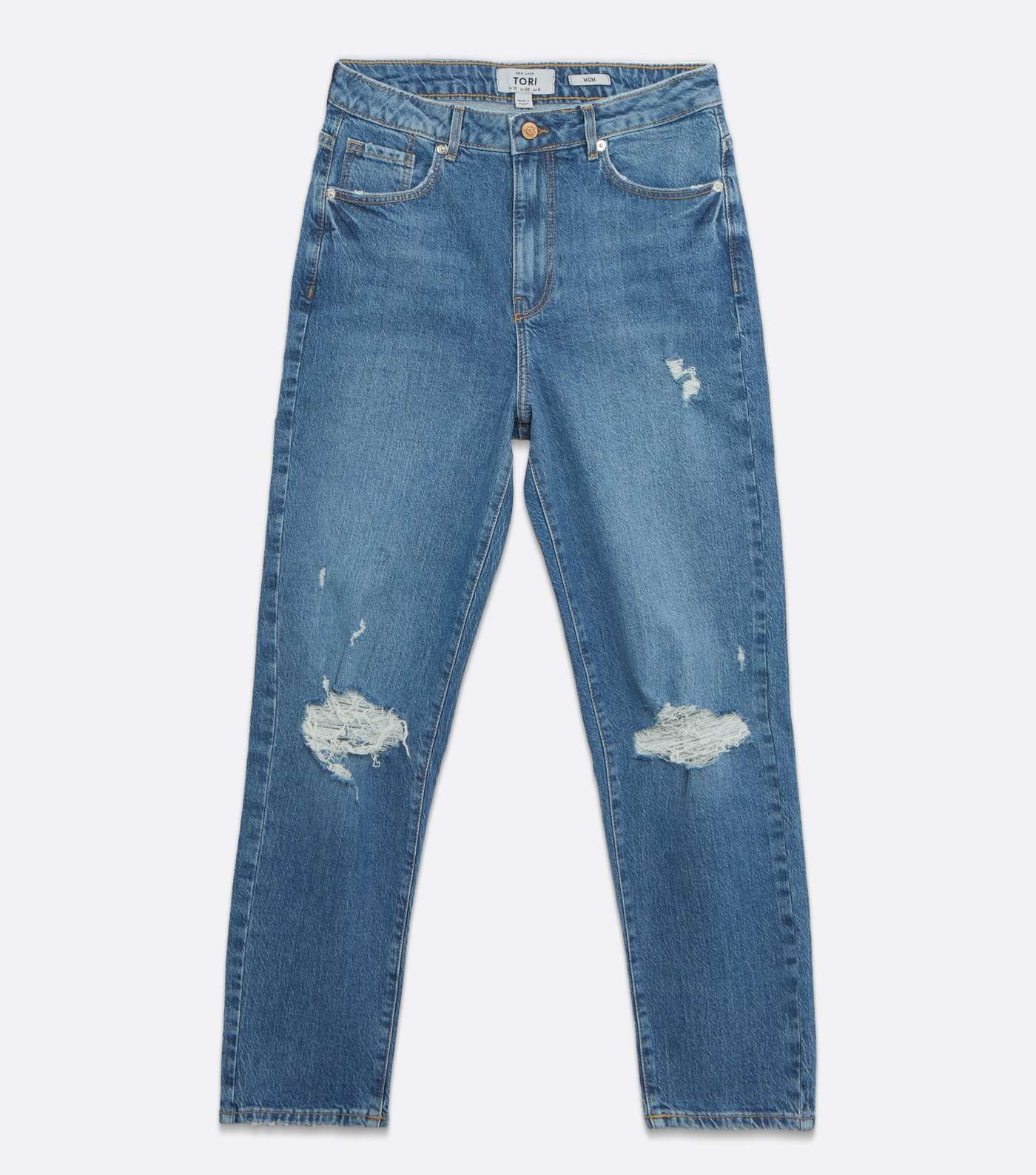 Blue Mid Wash Ripped High Waist Tori Mom Jeans Image 5