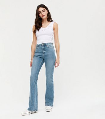 New Look 70's high waist flared jeans in mid blue