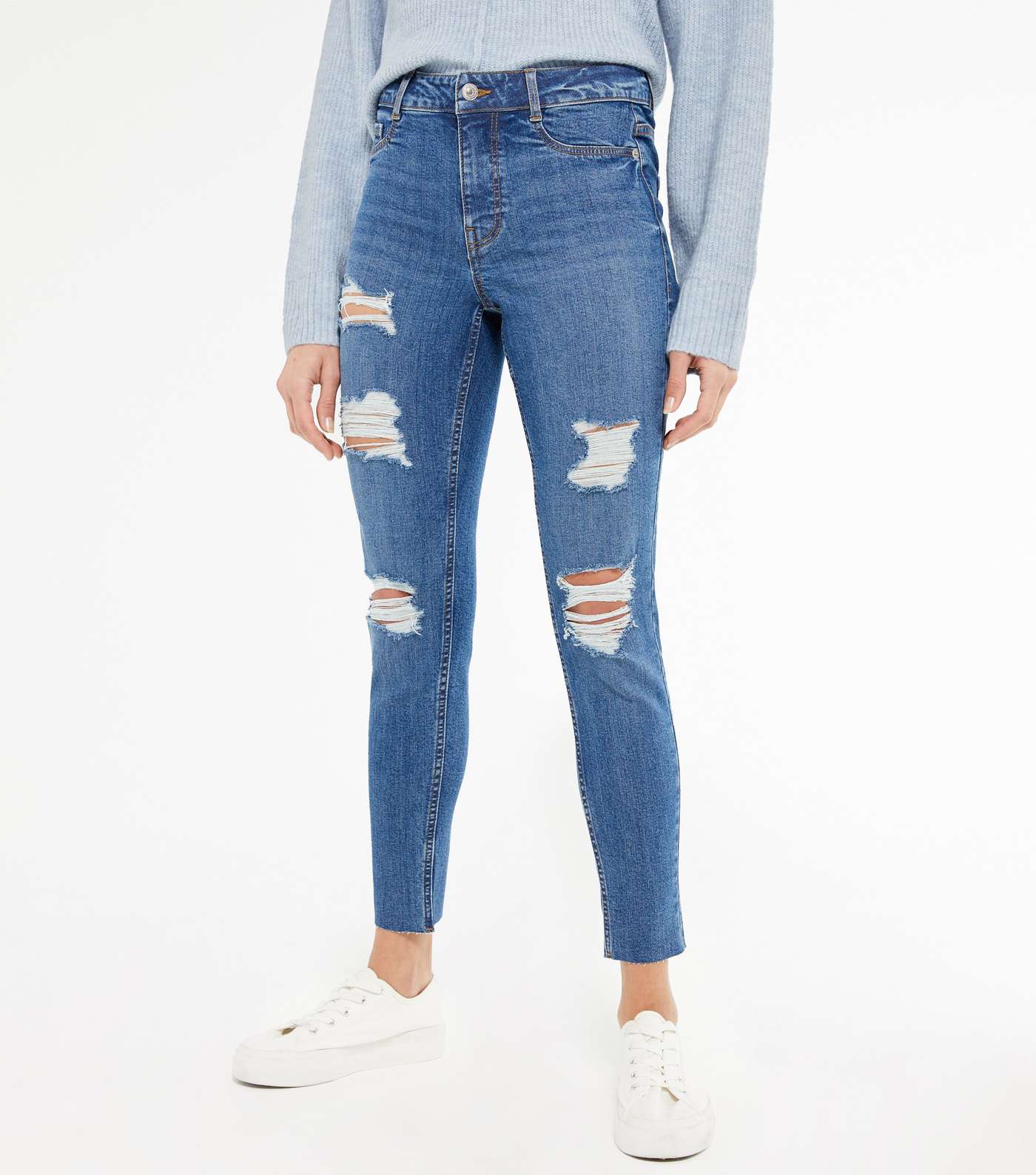 Blue Ripped Mid Rise Skinny Jeans Image 2