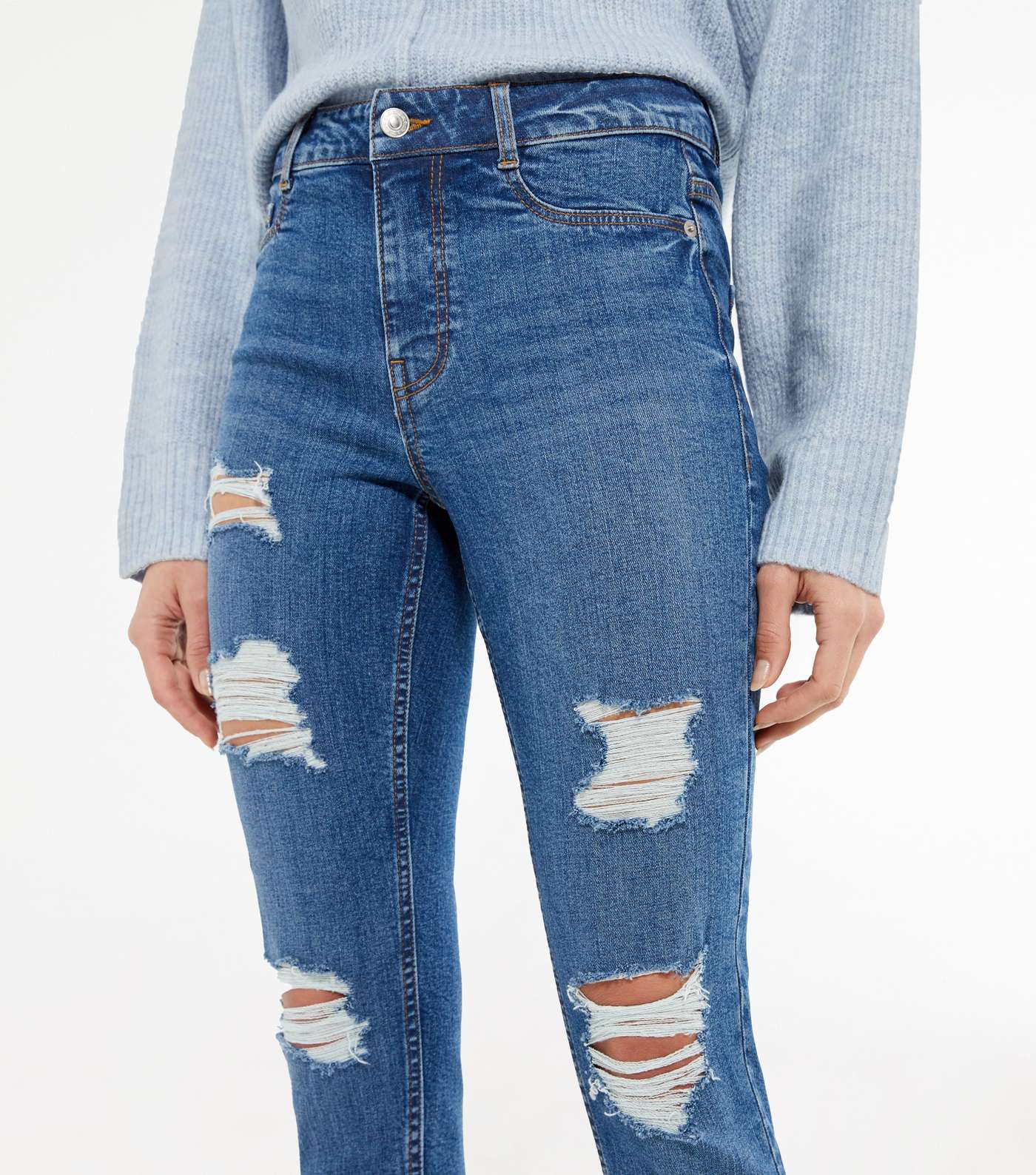 Blue Ripped Mid Rise Skinny Jeans Image 4