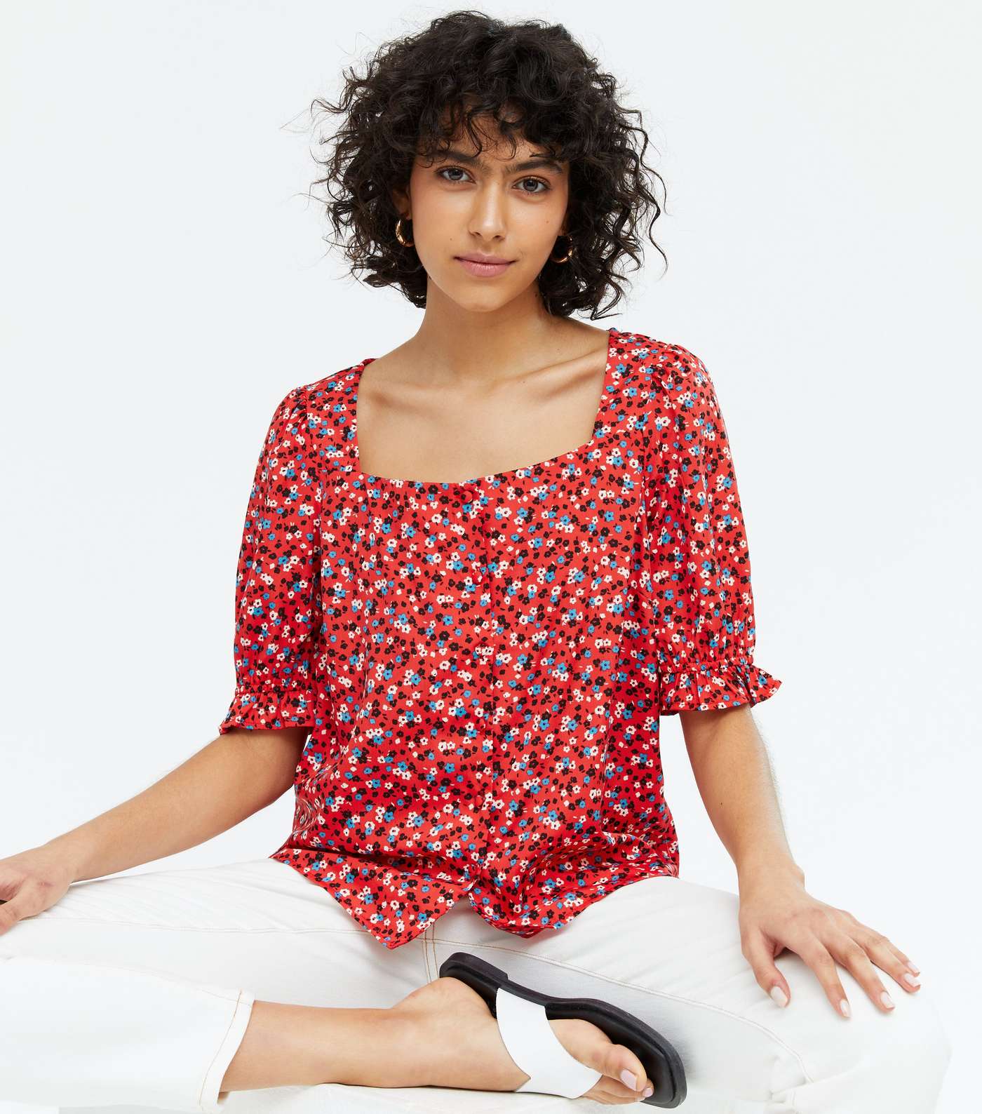 Red Ditsy Floral Square Neck Blouse