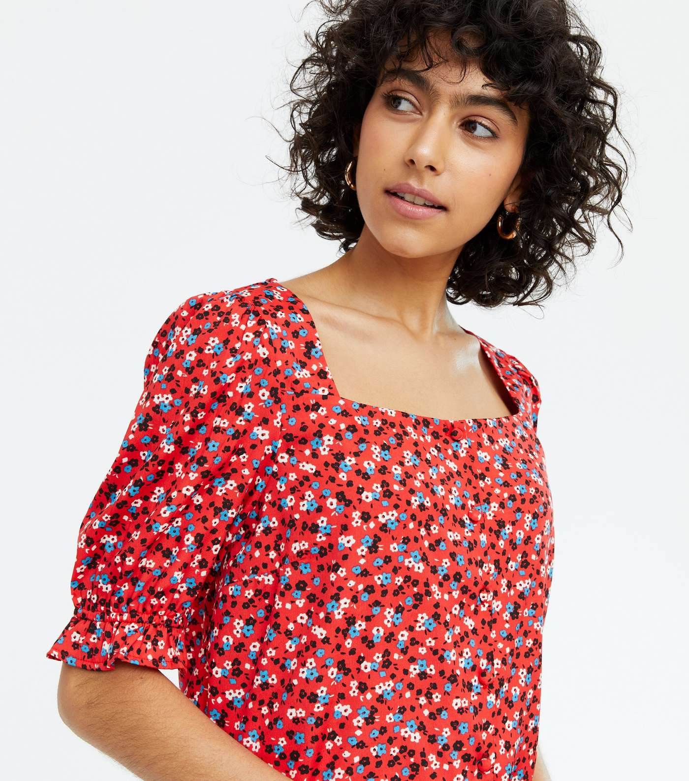 Red Ditsy Floral Square Neck Blouse Image 3